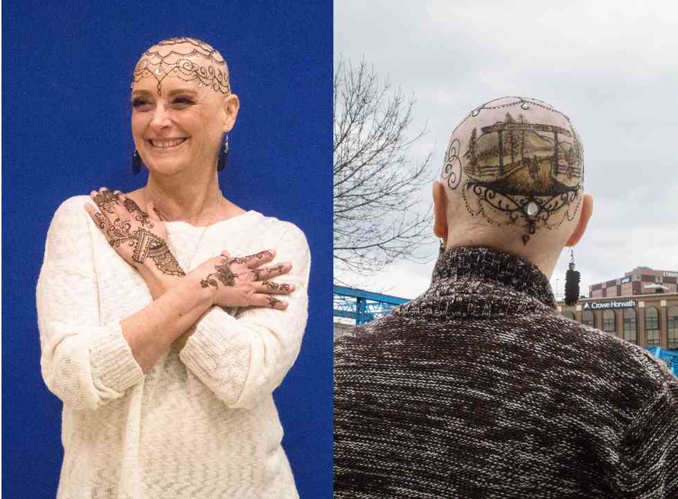 Janet Mills with henna tattoos on head and hands from Grand Rapids Crowns of Courage